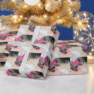 Papier Cadeau Art déco festif rétro vintage dame de Noël