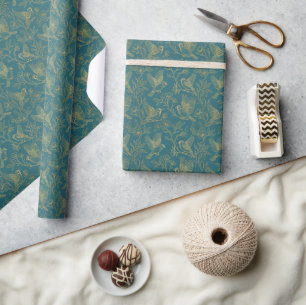 Papier Cadeau Art Déco filigrane d'or Moineau bleu sarcelle