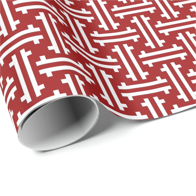 Papier Cadeau Art Déco Fret chinois, Rouge foncé et Blanc (Coin rond)