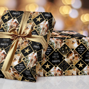 Papier Cadeau Art Déco Nom personnalisé Photos Noël Noir