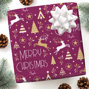 Papier Cadeau Art Déco Reinder de Noël Nom personnalisé Plum Gol