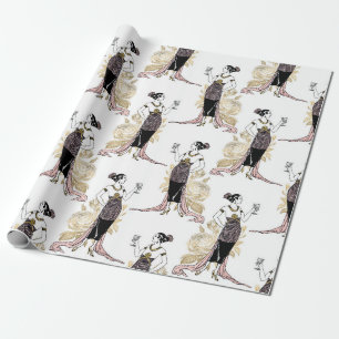 Papier Cadeau Art déco rose et or Vin à thème