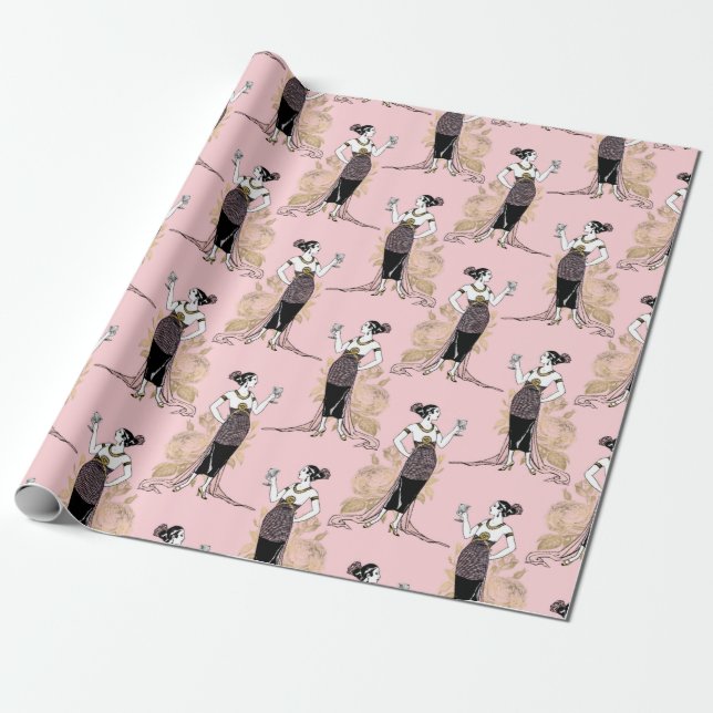 Papier Cadeau Art Déco vin thème rose et or (Déroulé)
