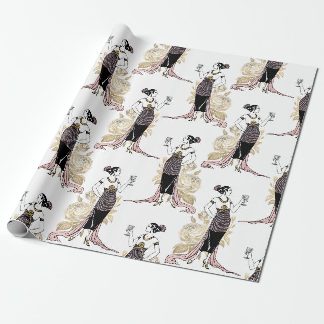 Papier Cadeau Art Déco vin thème rose et or (Déroulé)