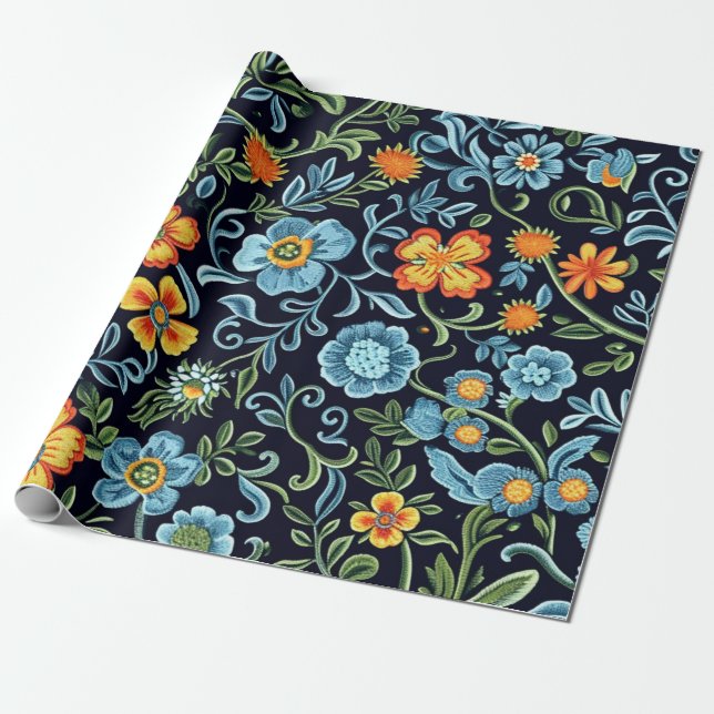 Papier Cadeau Art floral complexe : Fleurs bleues et orange  (Déroulé)