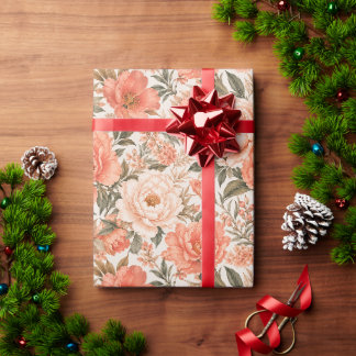 Papier Cadeau Art floral corail et pêche tendance