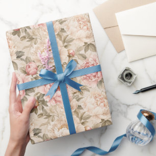 Papier Cadeau Art floral de jardin de pivoine neutre de luxe