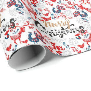 Papier Cadeau Art folklorique personnalisé Noël BLEU ROUGE Étiqu