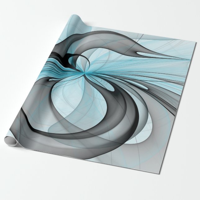 Papier Cadeau Art fractal moderne gris anthracite abstrait bleu (Déroulé)