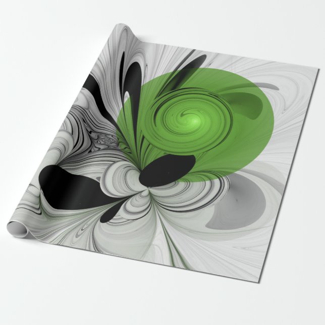 Papier Cadeau Art fractal noir et blanc abstrait avec vert (Déroulé)
