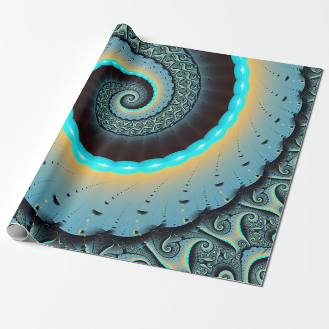 Papier Cadeau Art fractal spirale abstrait bleu turquoise orange (Déroulé)