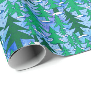 Papier Cadeau Art Naïf Forêt de Sapins Hiver Vert Bleu