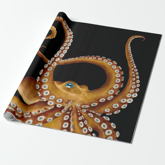 Papier Cadeau Art noir octopus bleu oeil Brown (Déroulé)