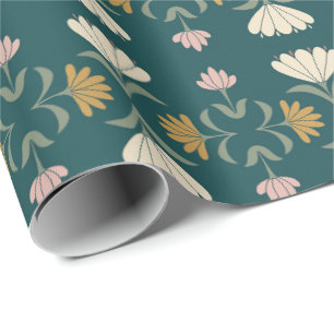 Papier Cadeau Art Nouveau floral de style folk art Teal et Ocre