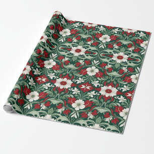 Papier Cadeau Art Nouveau Rouge Vert Blanc Noël