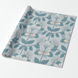 Papier Cadeau Art Nouveau Vintage Floral Bleu Bohème