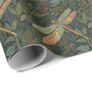 Papier Cadeau Art nouveau vintage libellule vert or