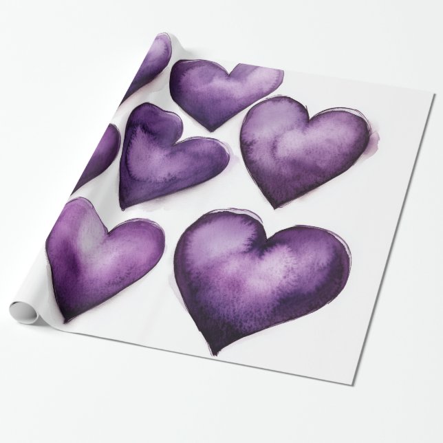 Papier Cadeau Art numérique d'aquarelle de coeur pourpre (Déroulé)