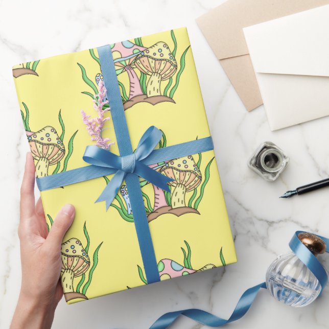Papier Cadeau Art Pop Rose Jaune Style Champignons Rétro Anniver (Cadeaux)