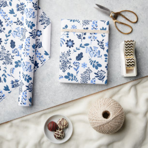 Papier Cadeau Art populaire Botanique Floral Imprimer Indigo Ble