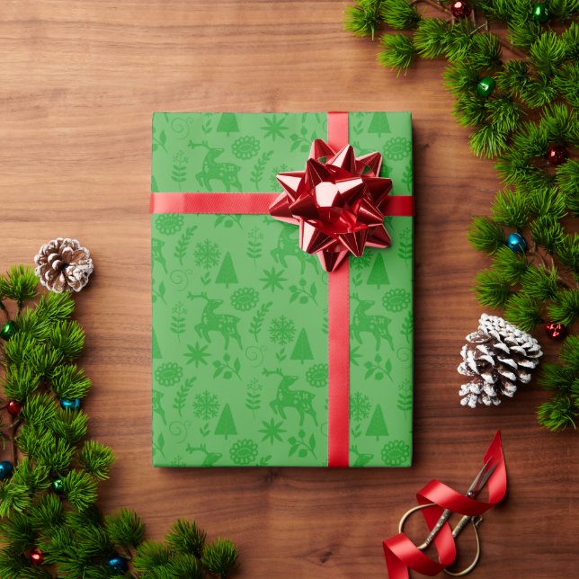 Papier cadeau Art populaire cerfs forêt verte (Cadeau de vacances)