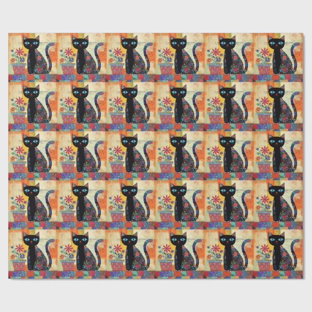 Papier Cadeau Art populaire de chat noir (Plat)