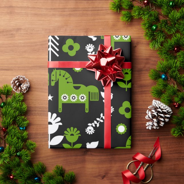 Papier Cadeau Art populaire de cheval scandinave (Cadeau de vacances)