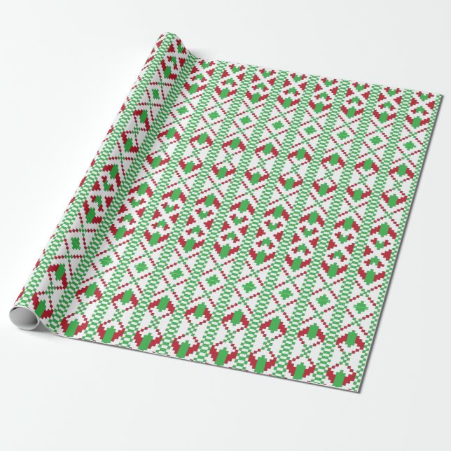 Papier Cadeau Art populaire ethnique letton vert et rouge tribal (Déroulé)