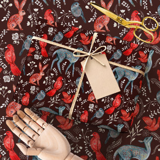 Papier Cadeau Art populaire nordique de la forêt | Animaux de la