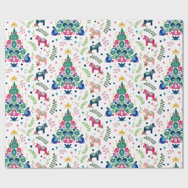 Papier Cadeau Art populaire scandinave Arbres de Noël & Cheval d (Plat)