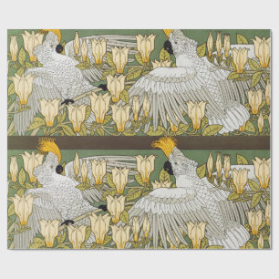 Papier Cadeau Art vintage perroquet cacatoès vert sauge magnolia