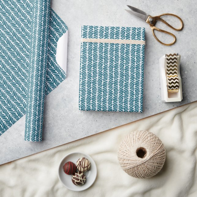 Papier Cadeau Artistique bleu sarcelle vert blanc rayures zigzag (Artisanat)