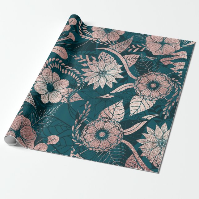Papier Cadeau Artsy Moderne Rose Or Emerald Green Flowers (Déroulé)