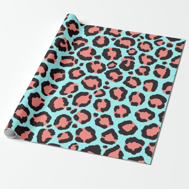 Papier Cadeau Artsy Trendy Coral Mint Turquoise Leopard Poster d (Déroulé)