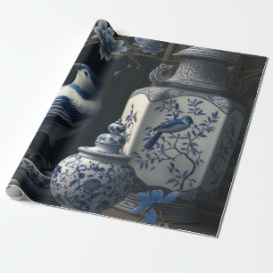 Papier Cadeau Asie bleu et blanc Chine Vintage Porcelian
