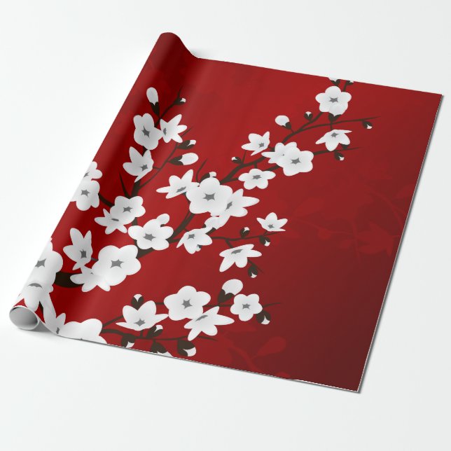 Papier Cadeau Asie Floral Rouge Blanc Cerise Fleurs (Déroulé)
