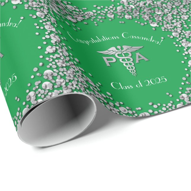 Papier Cadeau Assistant de médecin PA diplômé Vert Argent (Coin rond)