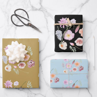 Papier cadeau assorti fleurs aquarelle