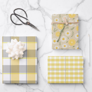 Papier cadeau assorti jaune citron beige à motif t