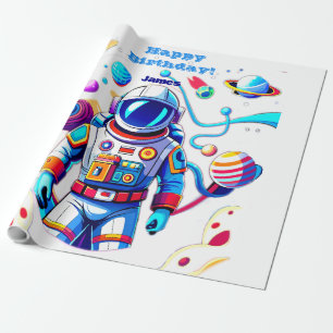 Papier Cadeau Astronaut coloré et Univers en couleurs vives