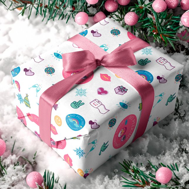Papier Cadeau Aucun Motif Emoji de Noël à Pékin et joyeux (No Peeking & Cheerful Christmas Emoji Pattern Wrapping Paper)