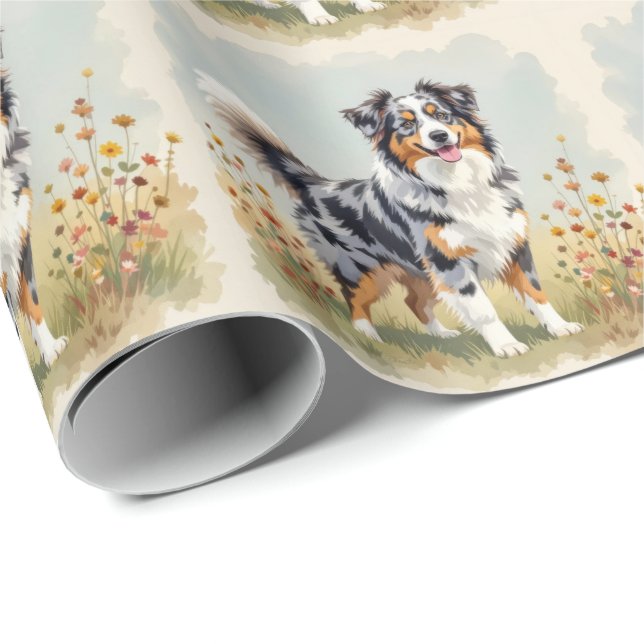 Papier Cadeau Australian Shepherd Dog Merle Long Tail (Coin rond)
