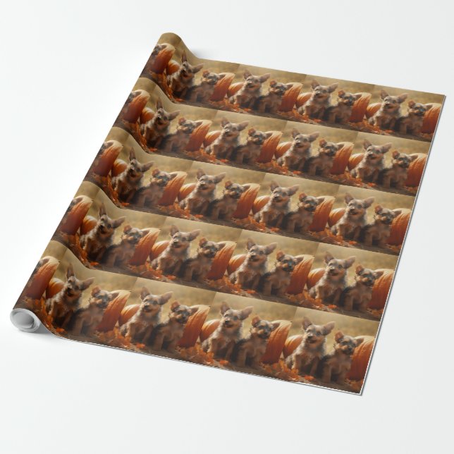 Papier Cadeau Australien Terrier Chiot Automne Citrouille de pla (Déroulé)