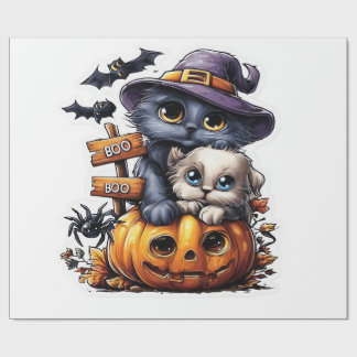 Papier Cadeau Autocollant de chat Halloween mignon � Chapeau de