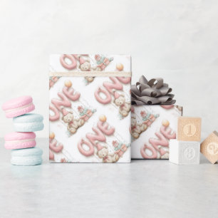 Papier Cadeau Autocollant de premier anniversaire doux avec ours