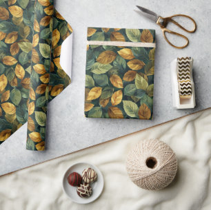 Papier Cadeau automne cuivre jaune orange vert automne feuilles