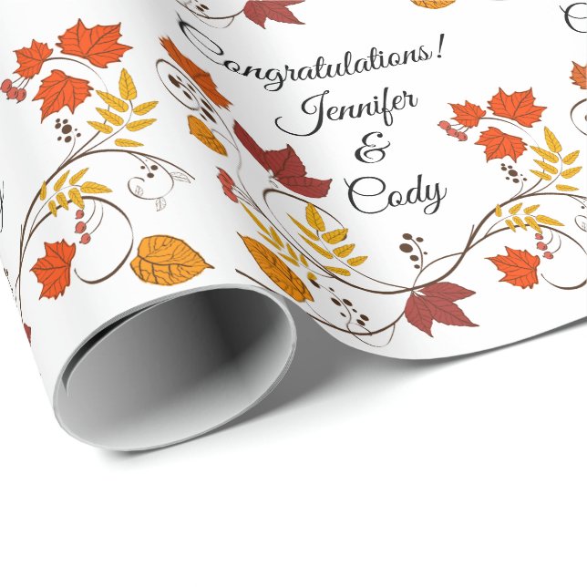 Papier Cadeau Automne Feuilles Personnaliser les noms Mariage Ca (Coin rond)