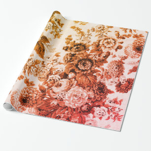 Papier Cadeau Automne Rouge Jaune Tonalité Vintage Toile Floral