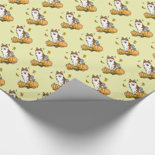 Papier Cadeau Automne Sibérie Husky (rouge) Citrouille mignonne