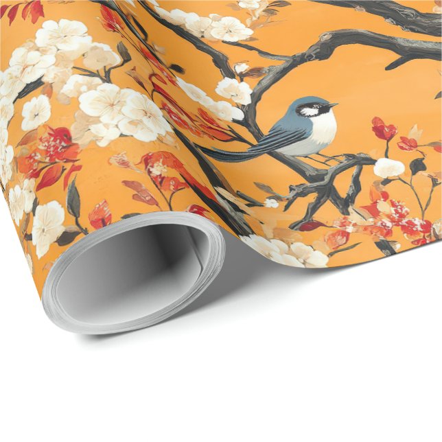 Papier Cadeau Autumn Orange Floral Birds Chinoiserie (Coin rond)